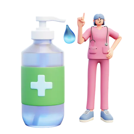 Médica em pé perto de um grande frasco dispensador de desinfetante  3D Illustration