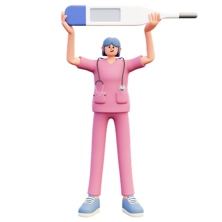 Médica em pé segurando um grande termômetro em branco  3D Illustration