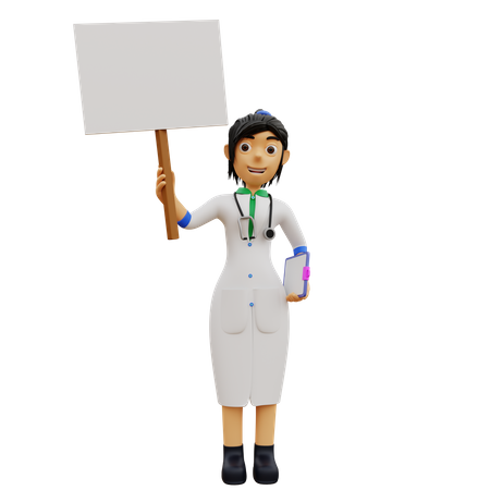 Médica fica de pé enquanto segura um cartaz  3D Illustration