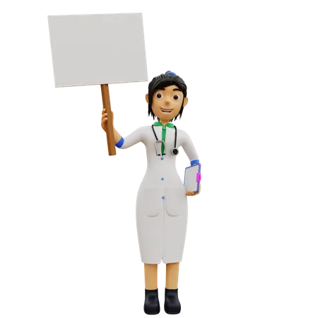 Médica fica de pé enquanto segura um cartaz  3D Illustration