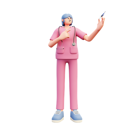 Médica segurando uma seringa apontando para ela  3D Illustration