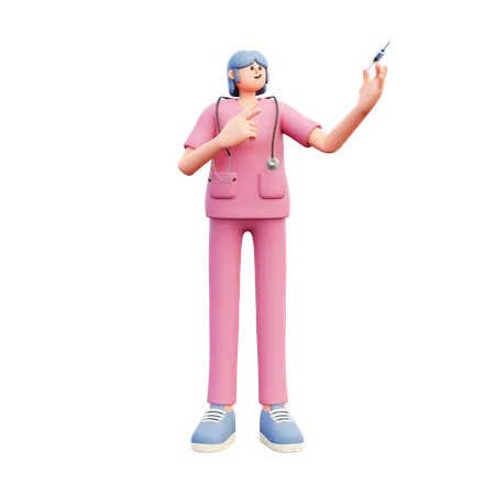 Médica segurando uma seringa apontando para ela  3D Illustration