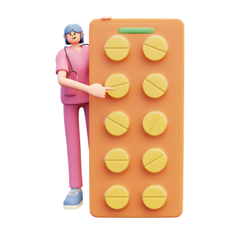 Médica perto de um grande pacote de comprimidos  3D Illustration