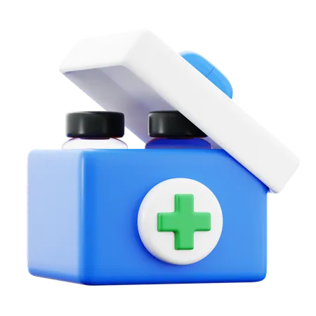 Opened First Aid Box Kit Emergency Treatment With Medicine Bottle Inside Medical Hospital 3 D Icon Illustration Render Design 3D Icon