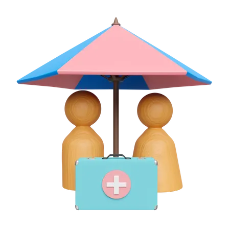 First Aid Kit Bag With Umbrella Wooden Doll Figures Family Isolated Health Care Concept 3D Icon