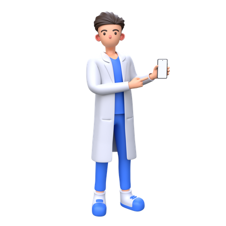Médico apontando para a tela do telefone em branco  3D Illustration