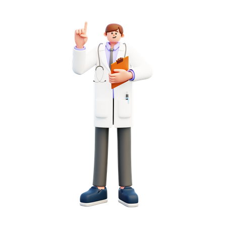 Médico apontando para cima segurando relatório  3D Icon