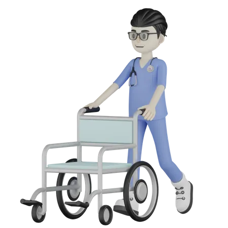 Médico empurra cadeira de rodas  3D Illustration