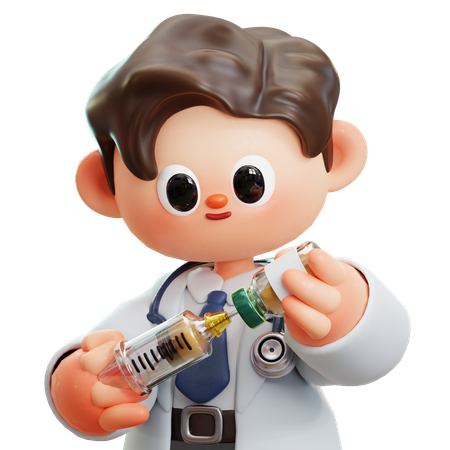 Médico con jeringa y frasco de vacuna  3D Illustration