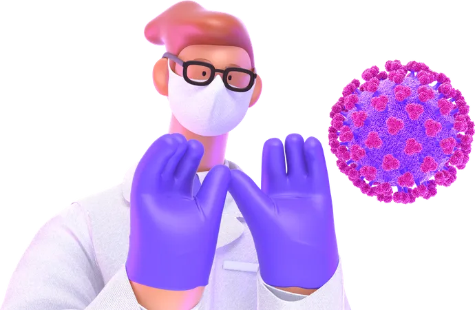 Médico con mascarilla y guantes para protegerse del virus corona  3D Illustration