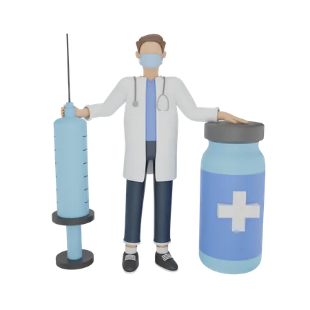 Médico con vacuna corona  3D Illustration