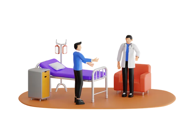 Médico conversando com paciente na enfermaria do hospital  3D Illustration