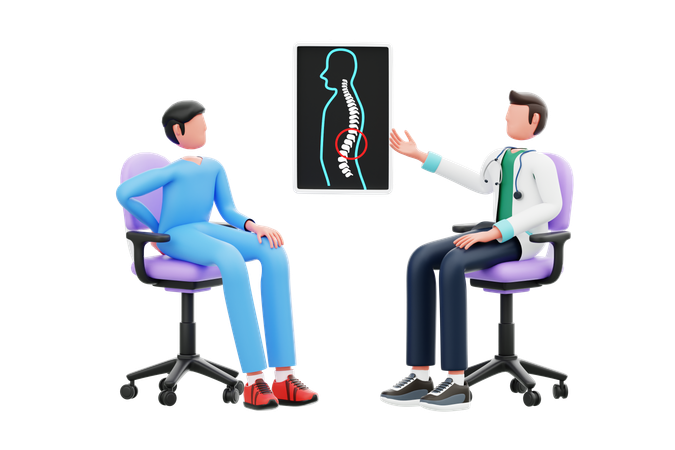 Médico dando tratamento ortopedista para paciente que sofre de dor nas costas  3D Illustration