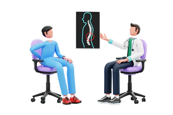 Médico dando tratamento ortopedista para paciente que sofre de dor nas costas  3D Illustration