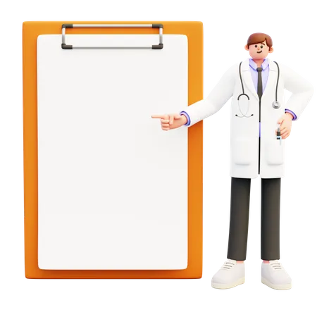 Médico varón de pie cerca de un gran portapapeles con papel blanco  3D Illustration