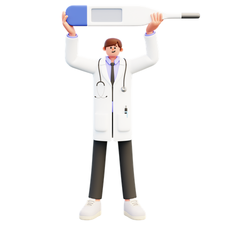 Doctor de pie sosteniendo un gran termómetro en blanco  3D Illustration