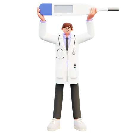 Doctor de pie sosteniendo un gran termómetro en blanco  3D Illustration