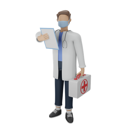 Médico de uniforme branco, segurando registros de pacientes e maleta médica  3D Illustration