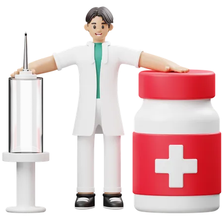Médico em pé com frasco de injeção e remédio  3D Illustration