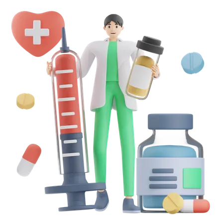 Médico em pé com remédio  3D Illustration