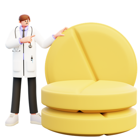 Médico parado perto das pílulas grandes  3D Illustration