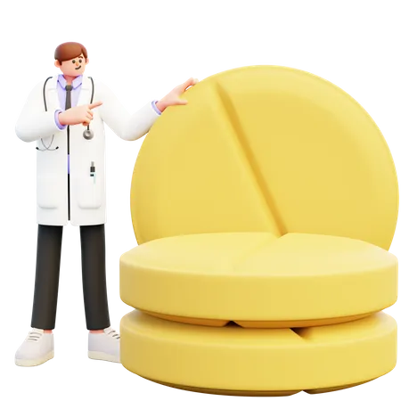 Médico parado perto das pílulas grandes  3D Illustration