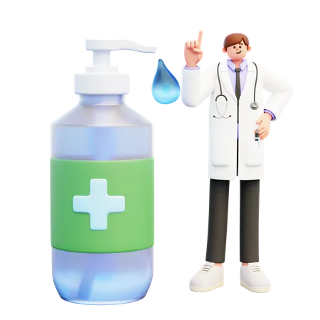 Médico parado perto de um grande frasco dispensador de desinfetante  3D Illustration