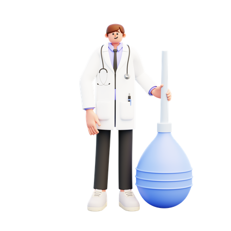 Médico em pé perto do Big Blue Enema Clyster  3D Illustration