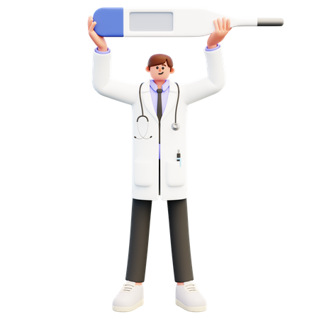 Médico em pé segurando um grande termômetro em branco  3D Icon