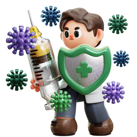 Médico está lutando contra vírus com seringa e escudo  3D Icon