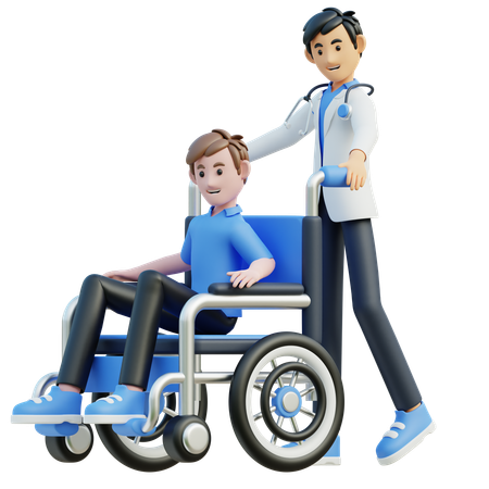 El médico empujó al paciente a usar una silla de ruedas  3D Illustration