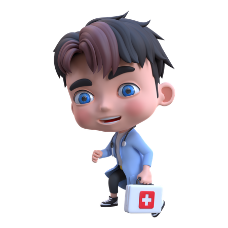 Médico masculino andando com caixa médica  3D Illustration