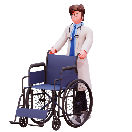 Médico masculino com cadeira de rodas  3D Illustration