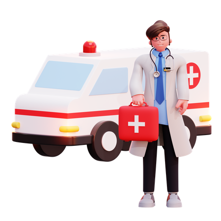 Médico masculino em pé perto de ambulância com kit médico  3D Illustration