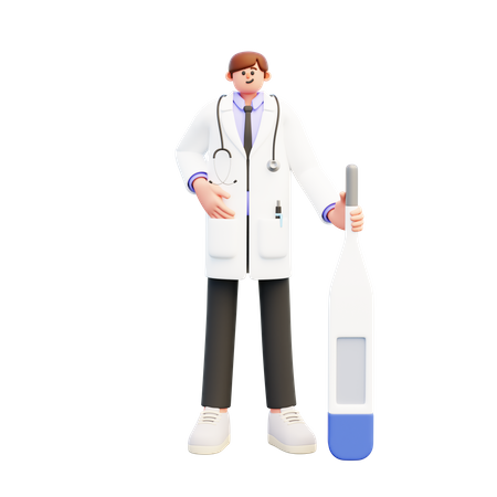 Médico masculino em pé perto do grande termômetro  3D Icon