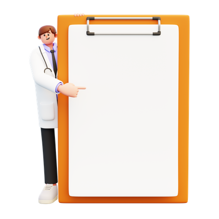 Doctor de pie cerca de un gran portapapeles con papel blanco desde atrás  3D Illustration