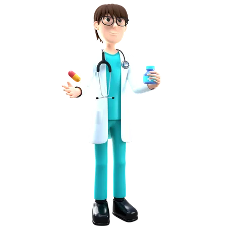 Médico segurando um frasco de remédio  3D Illustration