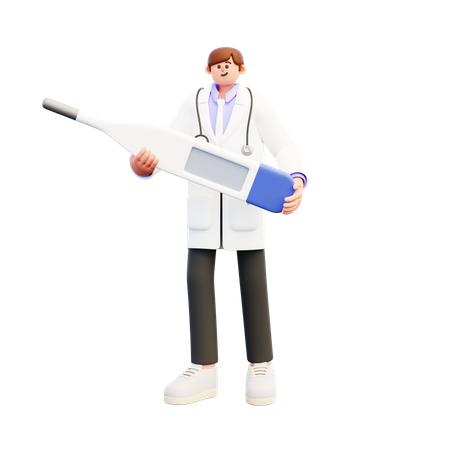 Médico segurando um grande termômetro em branco  3D Icon