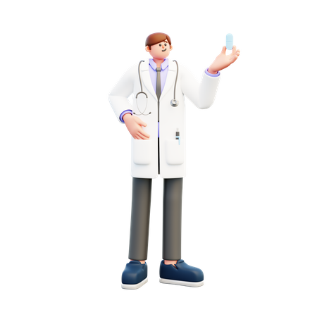 Médico segurando uma pílula grande  3D Illustration