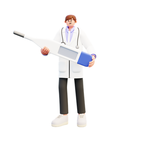 Doctor sosteniendo un gran termómetro en blanco  3D Illustration