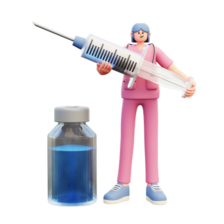 Médico sosteniendo una jeringa y de pie cerca del frasco de vacuna  3D Illustration