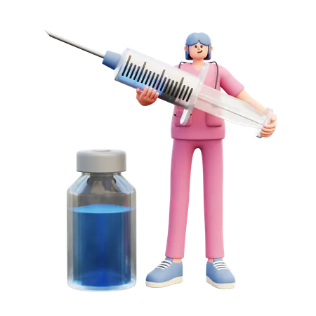 Médico sosteniendo una jeringa y de pie cerca del frasco de vacuna  3D Illustration
