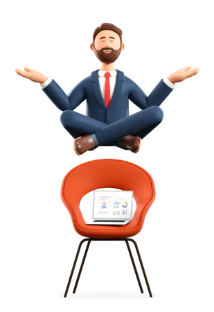 3 D Illustration Eines Meditierenden Mannes Der Uber Stuhl Und Laptop Fliegt Cartoon Lachelnder Geschaftsmann Mit Geschlossenen Augen In Yoga Lotusposition Ermudend Von Der Buroarbeit 3D Illustration