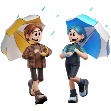 Mejores amigos disfrutando de un día lluvioso  3D Illustration