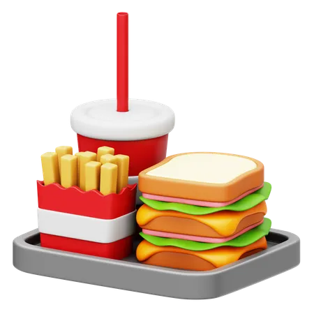Melt Cheese Overload Sandwich With French Fries and Soft Drink  3D Icon