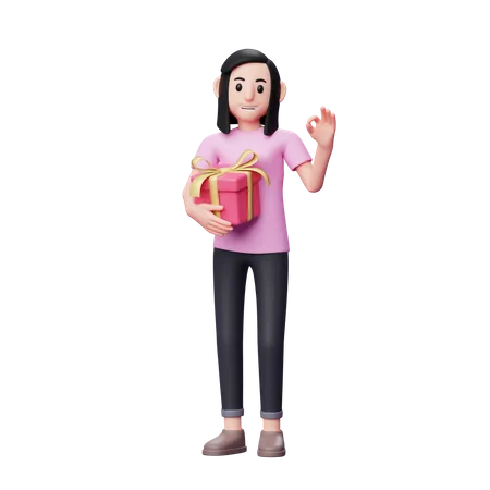 Menina Abraca O Presente Dos Namorados E Mostra O Dedo Sinal Ok Ilustracao De Personagem 3 D Celebracao Do Dia Dos Namorados 3D Illustration