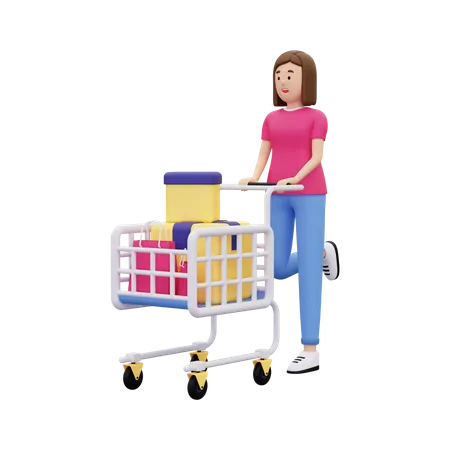 Menina andando com carrinho de compras  3D Illustration
