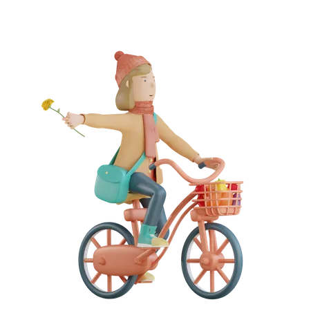 Menina Andando De Bicicleta E Segurando Flores 3D Illustration