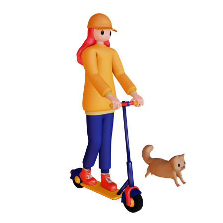 Menina andando de scooter com gato  3D Illustration