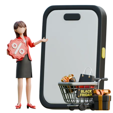 Menina abrindo um aplicativo de compras animadamente  3D Illustration